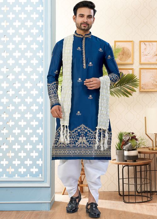 Blue Silk Kurta Dhoti With Ornate Embroidery