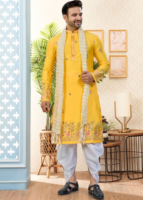 Yellow Silk Kurta Dhoti With Floral Embroidery