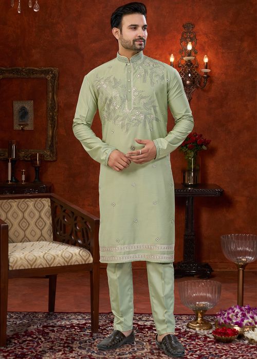 Sage Green Silk Kurta Pajama With Yoke Embroidery