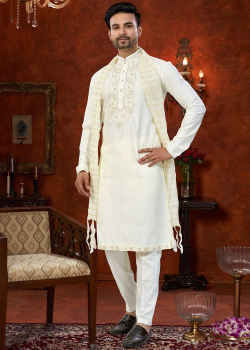 Cream Silk Kurta Pajama With Cut Bead Yoke