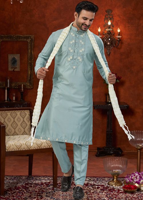 Powder Blue Silk Kurta Pajama With Sequin Yoke
