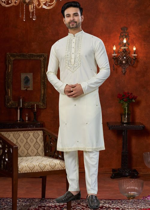 Cream Silk Kurta Pajama With Sequin Placket