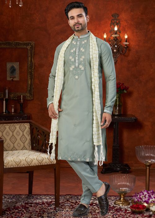 Sea Green Silk Kurta Pajama With Embroidered Yoke