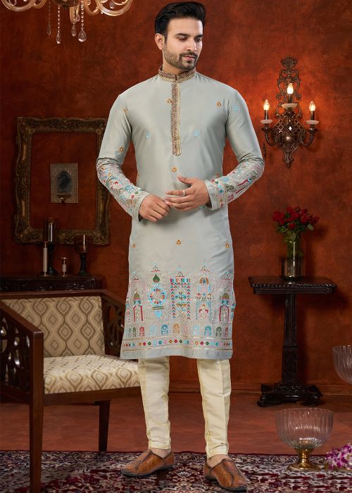 Grey Silk Kurta Pajama With Heritage Border Motifs