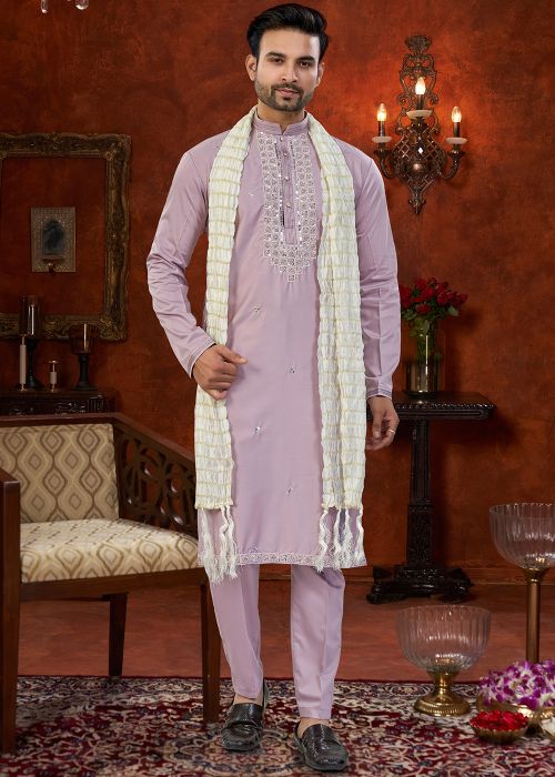 Lavender Silk Kurta Pajama With Cut Bead Work