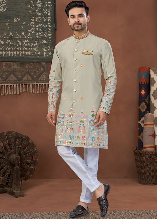 Grey Art Silk Indo Western Sherwani With Heritage Border