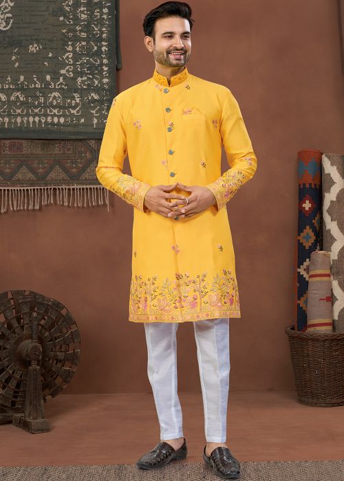 Yellow Art Silk Indo Western Sherwani With Floral Hem