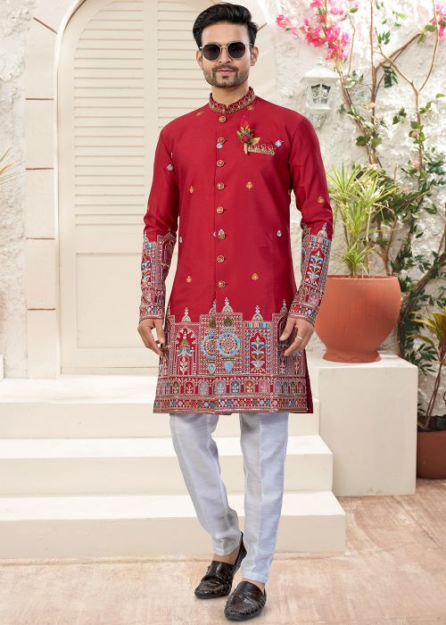 Maroon Art Silk Indo Western Sherwani With Palace Motifs