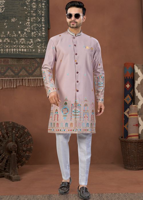 Lavender Indo Western Sherwani With Mughal Border