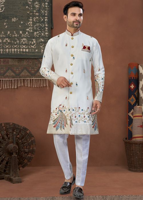 Cream Indo Western Sherwani With Peacock Embroidery