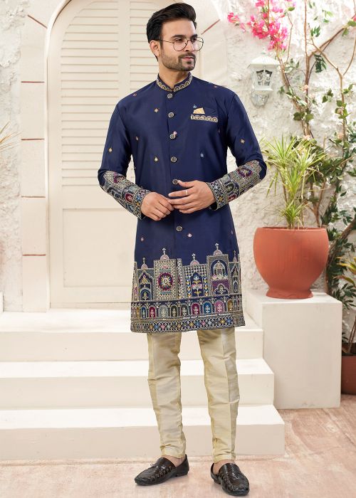 Navy Blue Indo Western Sherwani With Royal Border