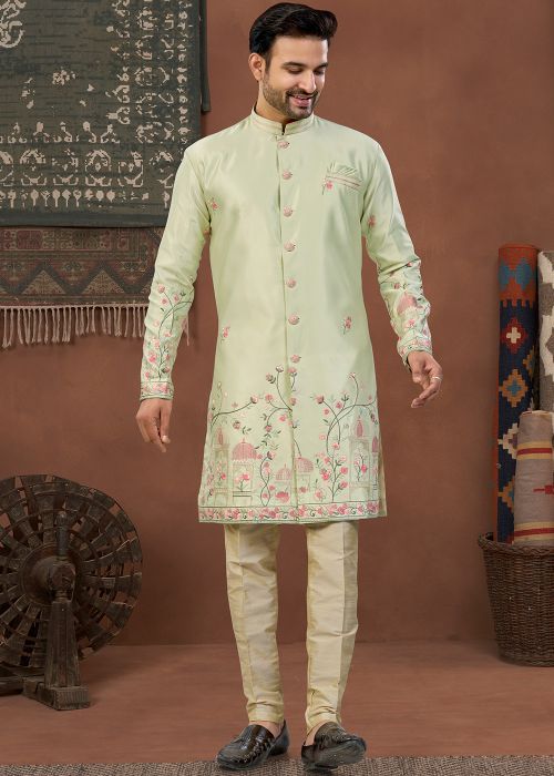 Mint Green Indo Western Sherwani With Jaal Work