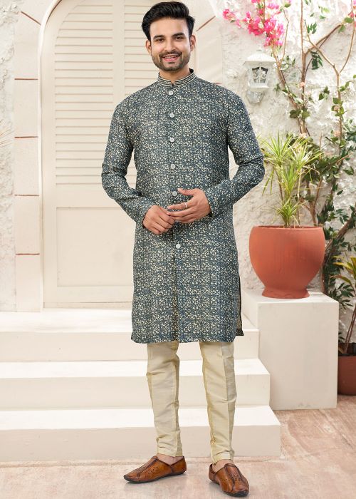 Grey Indo Western Sherwani With Embroidery