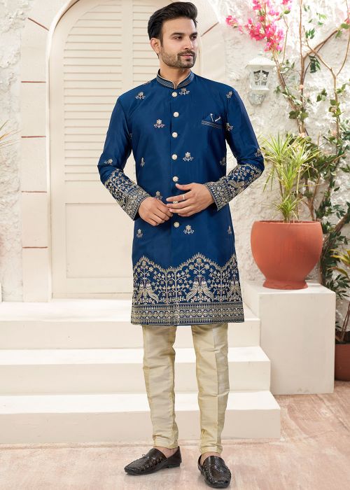 Royal Blue Indo Western Sherwani With Border Work