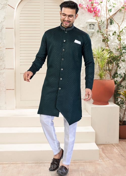 Teal Green Indo Western Sherwani With Embroidery
