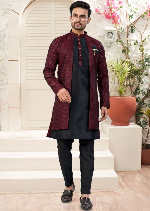Maroon Jacquard Embroidered Indo Western Sherwani