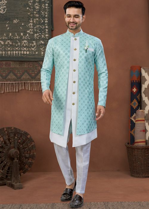Sky Blue Jacquard Woven Indo Western Sherwani