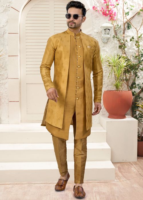 Yellow Woven Jacquard Indo Western Sherwani Set