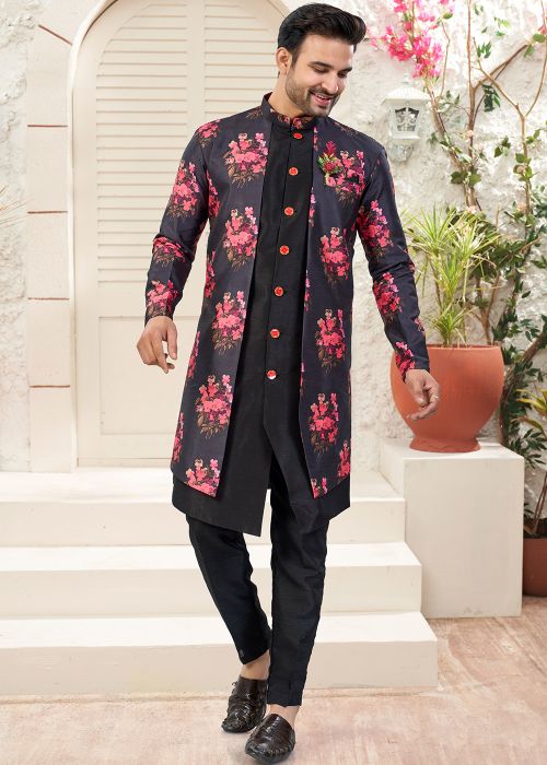 Black Jacquard Indo Western Sherwani With Floral Print