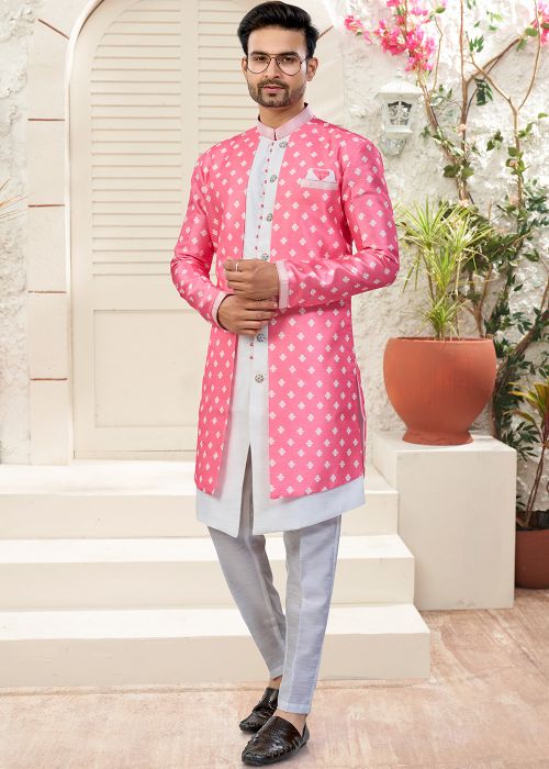 Pink Printed Jacquard Indo Western Sherwani