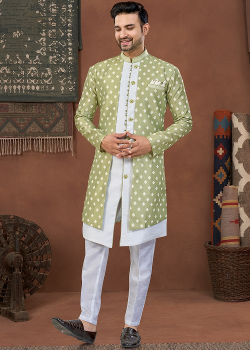 Sage Green Jacquard Indo Western Sherwani Set