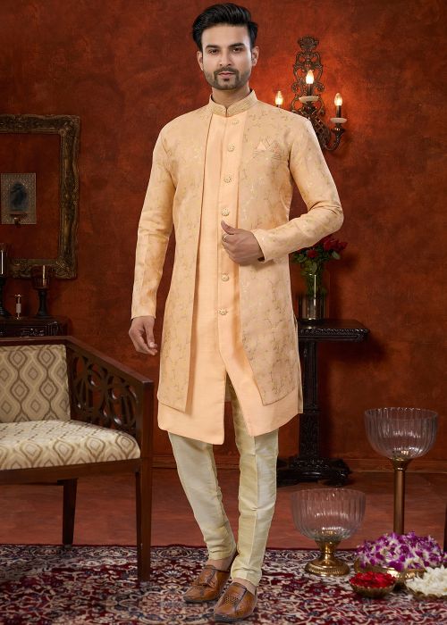 Peach Woven Jacquard Indo Western Sherwani