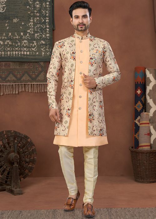 Beige Printed Jacquard Indo Western Sherwani Set