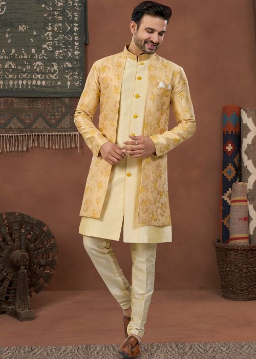 Yellow Woven Jacquard Indo Western Sherwani Set