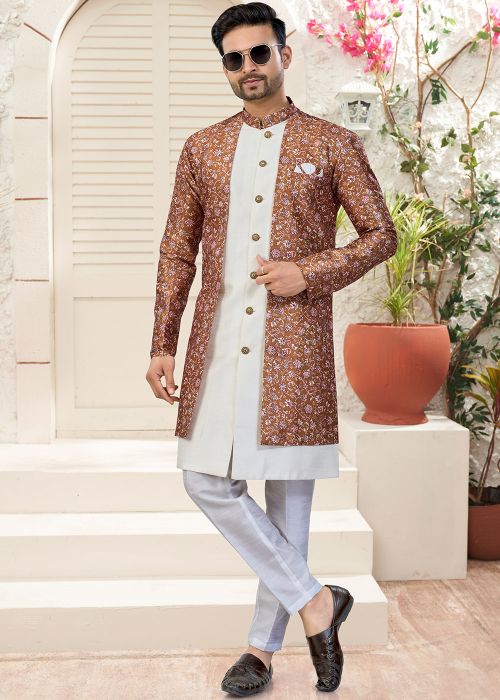 Brown Jacquard Woven Indo Western Sherwani