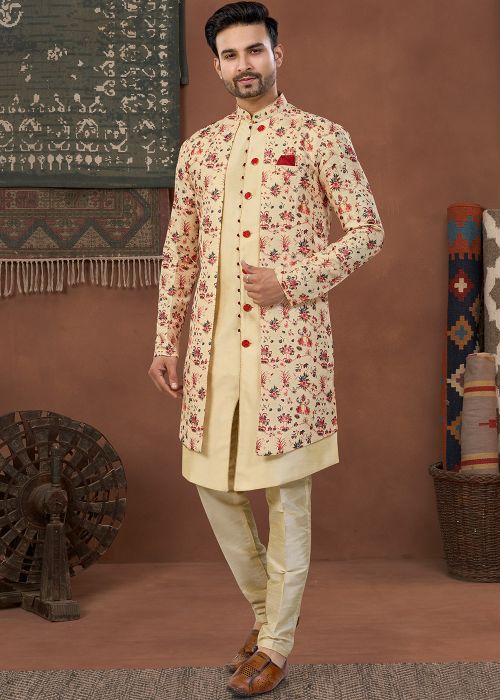 Cream Printed Jacquard Indo Western Sherwani