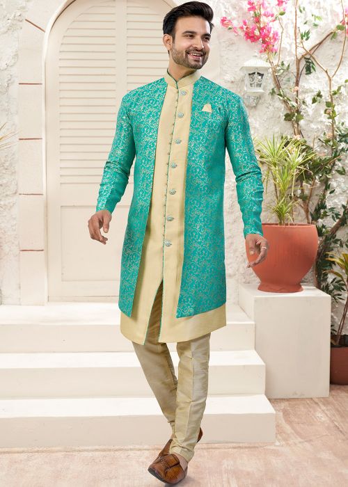 Blue Woven Jacquard Indo Western Sherwani