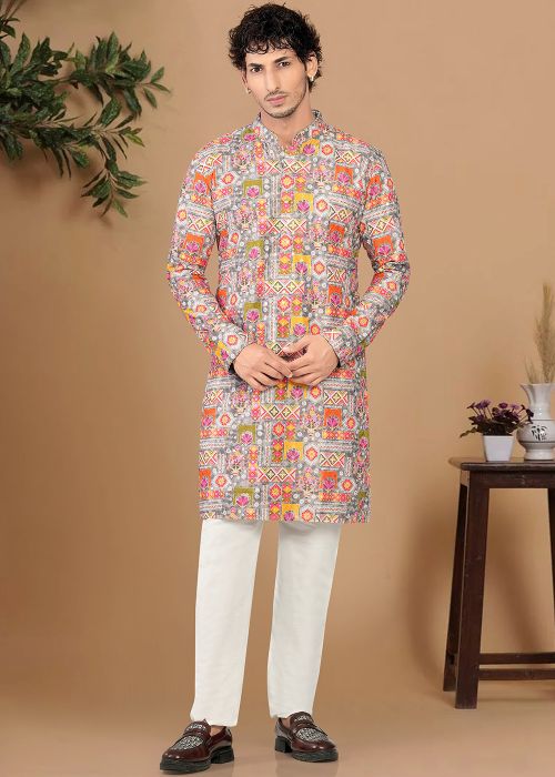 Grey Silk Kurta Pajama With Folk Print