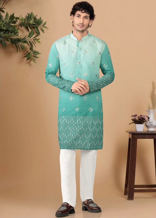 Blue Silk Kurta Pajama With Embroidered Motifs