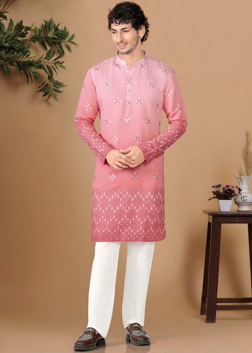 Pink Silk Kurta Pajama With Sequins Work