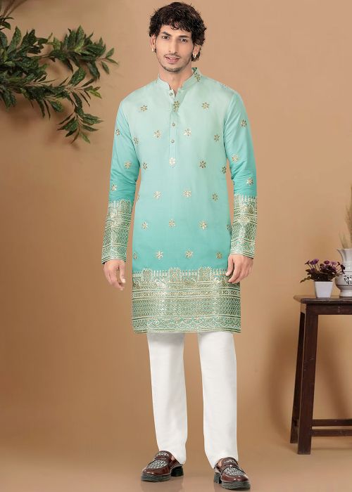 Turquoise Silk Kurta Pajama With Border Work