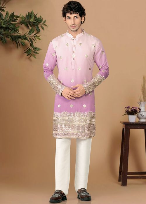 Shaded Pink Silk Kurta Pajama With Sequins Touch