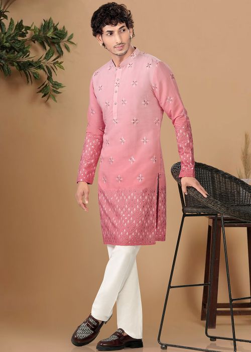 Shaded Pink Silk Kurta Pajama With Sequin Motifs