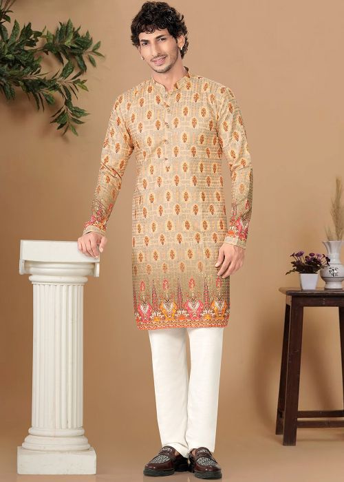 Beige Cotton Kurta Pajama With Ethnic Print