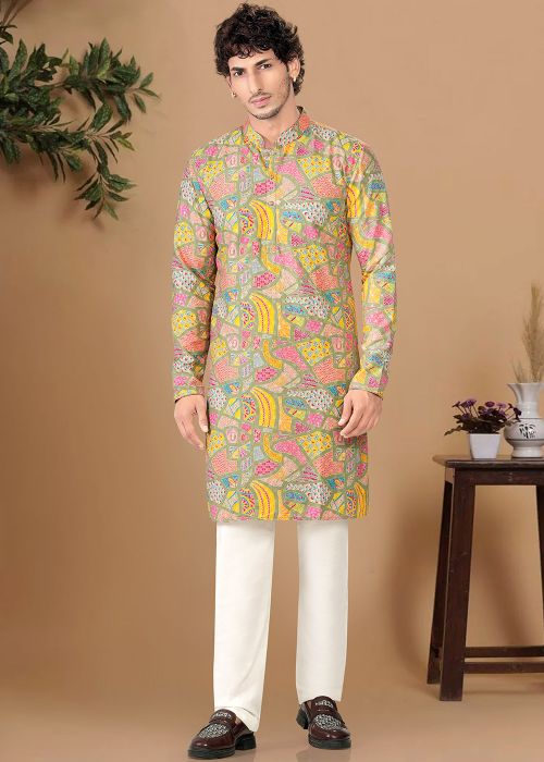 Multicolor Cotton Kurta Pajama With Abstract Print