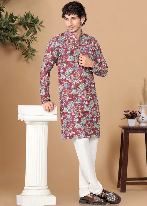Wine Cotton Kurta Pajama With Floral Print