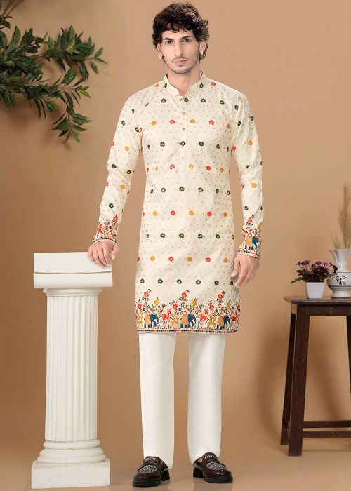 Cream Cotton Kurta Pajama With Elephant Border