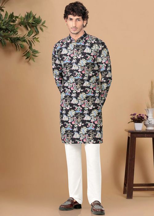 Black Cotton Kurta Pajama With Floral Print