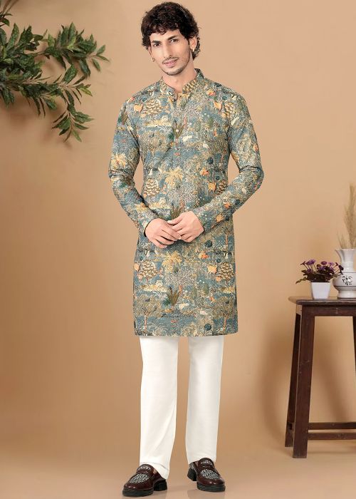 Grey Cotton Kurta Pajama With Wildlife Print
