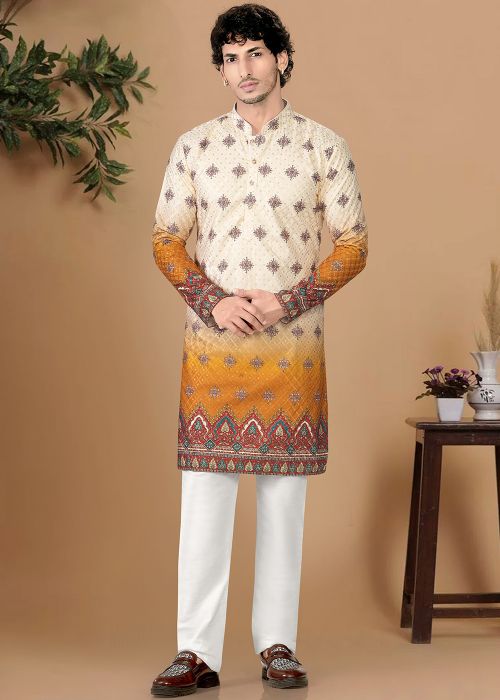 Off White Cotton Kurta Pajama With Yellow Border