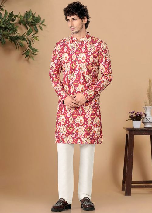 Red Cotton Kurta Pajama With Geometric Print
