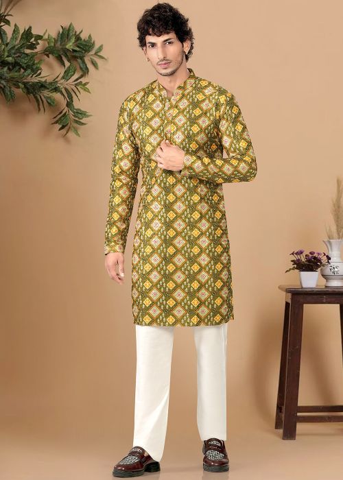 Green Cotton Kurta Pajama With Printed Motifs
