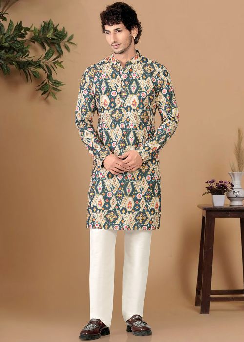 Blue Cotton Kurta Pajama With Multicolor Motifs