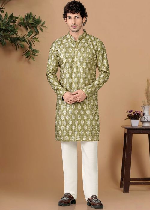 Green Cotton Kurta Pajama With Print Work