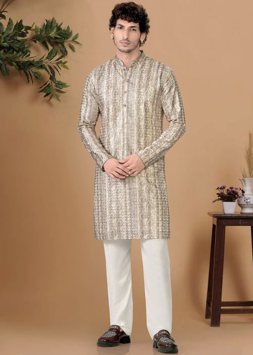 Beige Cotton Kurta Pajama With Printed Motifs