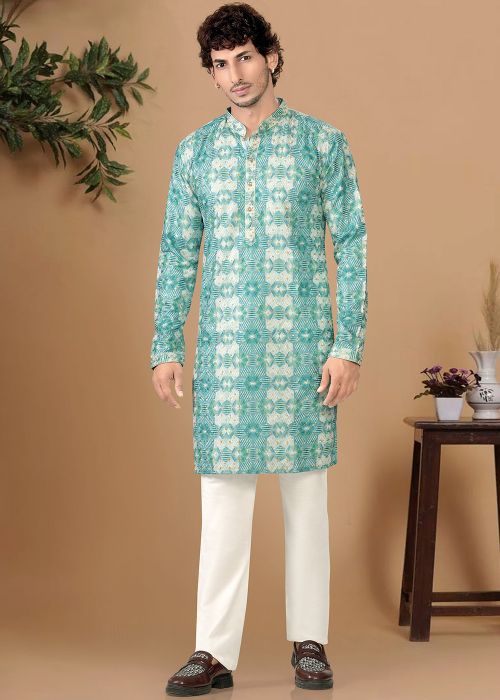 Aqua Blue Cotton Kurta Pajama With Abstract Print